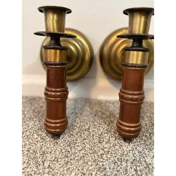 Vintage Set Of Wooden Brass Metal Wall Hanging Candle Sconces Holders Cottage - Picture 6 of 8
